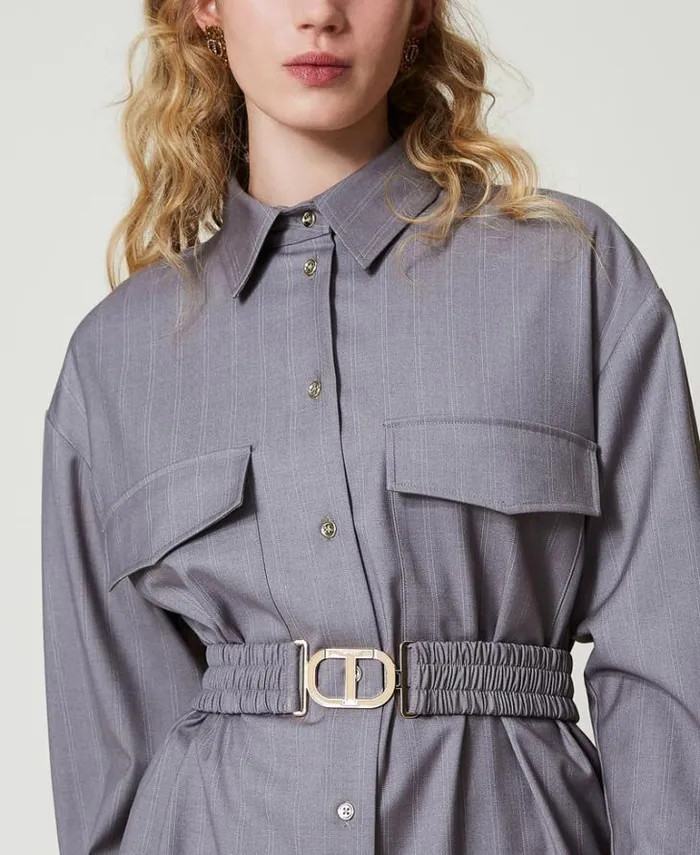 Twinset Blouses And Shirts Maxi Pinstripe Shirt With Belt Snow Pinstripe Melange Grey 8211 Clothing