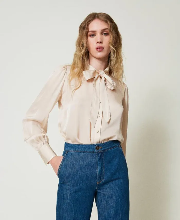 Twinset Blouses And Shirts Satin Shirt With Bow Old White 8211 Clothing