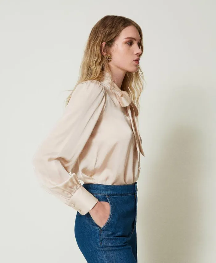 Twinset Blouses And Shirts Satin Shirt With Bow Old White 8211 Clothing