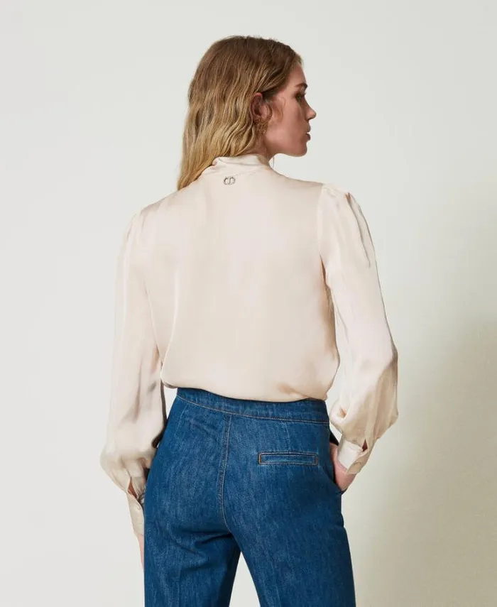 Twinset Blouses And Shirts Satin Shirt With Bow Old White 8211 Clothing