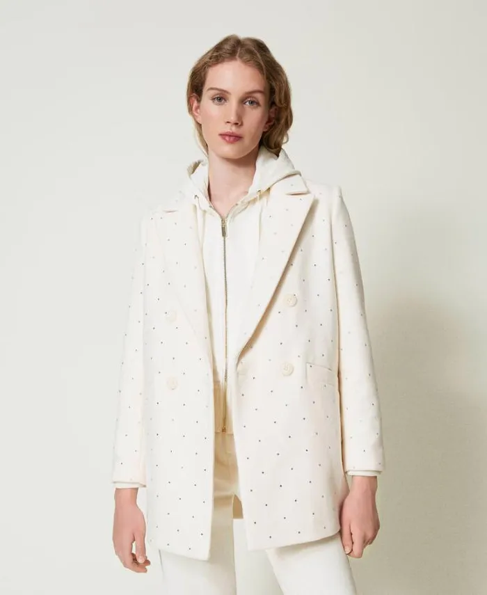 Twinset Coats And Trench Coats Short Wool Cloth Coat With Rhinestones Mother Of Pearl 8211 Clothing