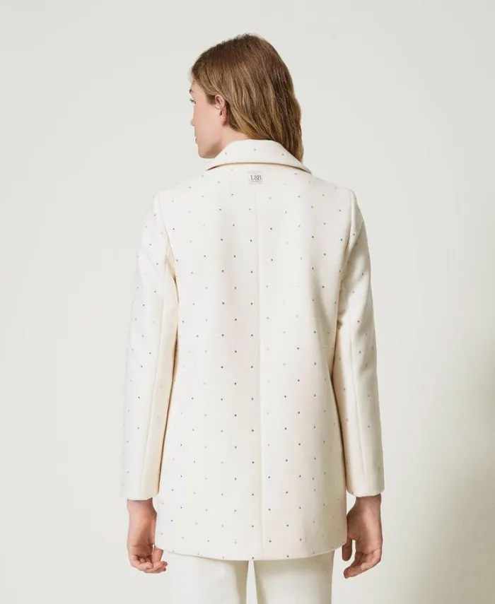 Twinset Coats And Trench Coats Short Wool Cloth Coat With Rhinestones Mother Of Pearl 8211 Clothing