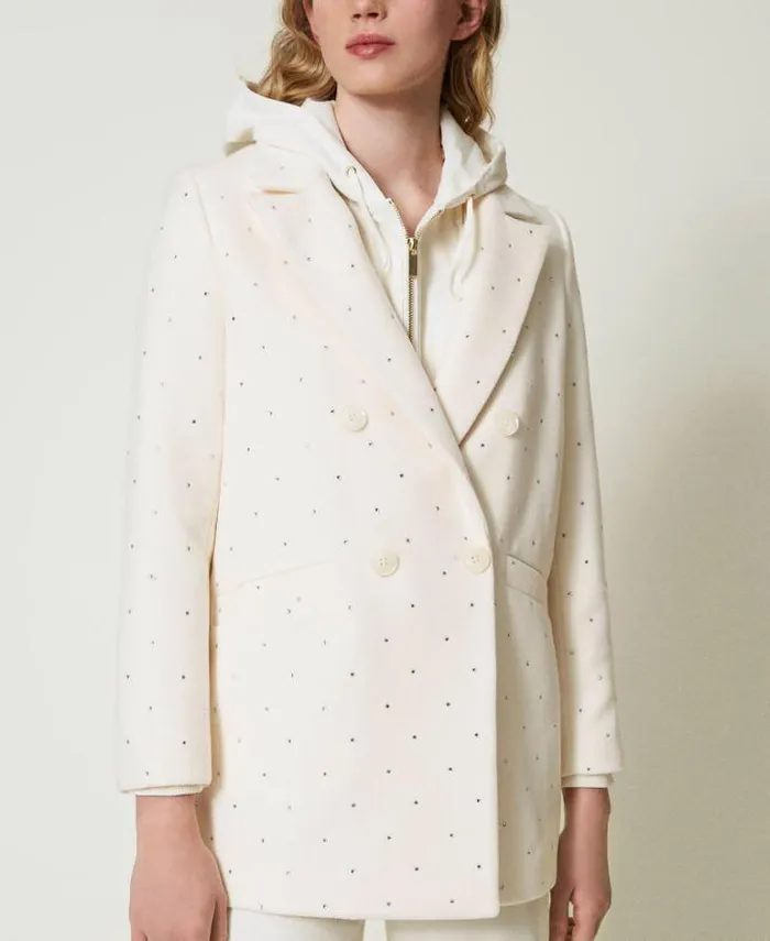 Twinset Coats And Trench Coats Short Wool Cloth Coat With Rhinestones Mother Of Pearl 8211 Clothing