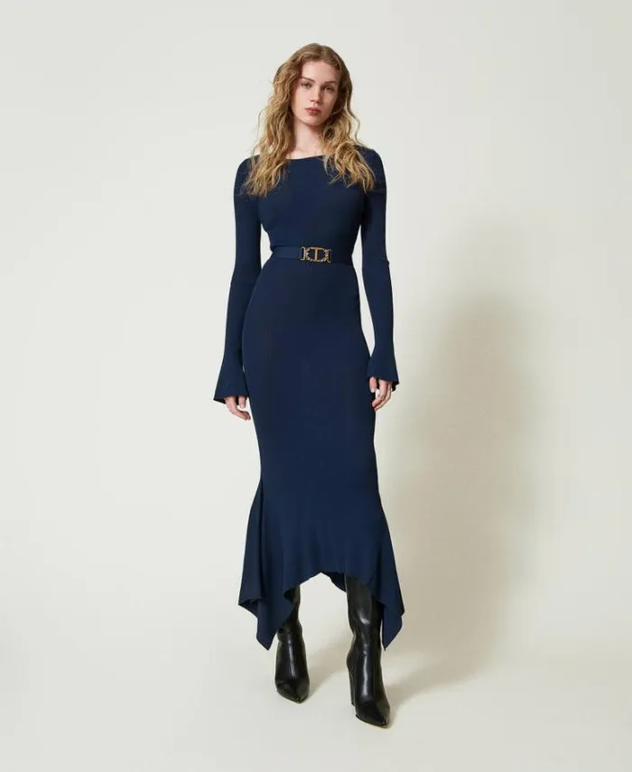 Twinset Elegant Dresses Knit Midi Dress With Belt And Ruffles Indigo 8211 Clothing