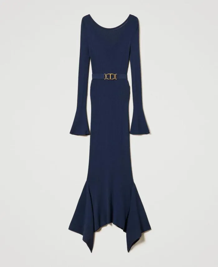Twinset Elegant Dresses Knit Midi Dress With Belt And Ruffles Indigo 8211 Clothing