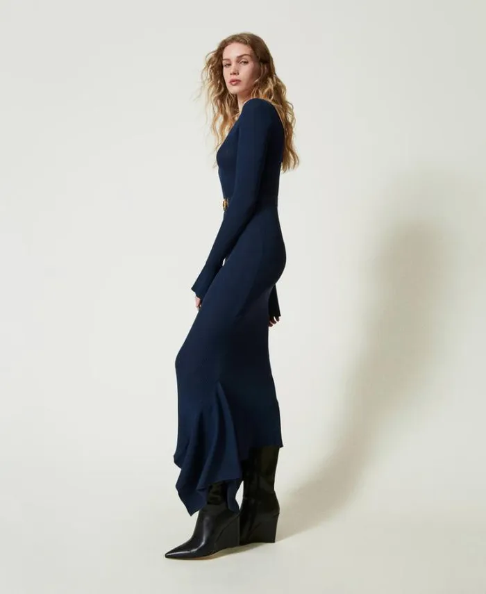 Twinset Elegant Dresses Knit Midi Dress With Belt And Ruffles Indigo 8211 Clothing