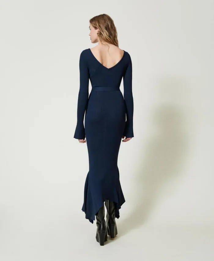 Twinset Elegant Dresses Knit Midi Dress With Belt And Ruffles Indigo 8211 Clothing