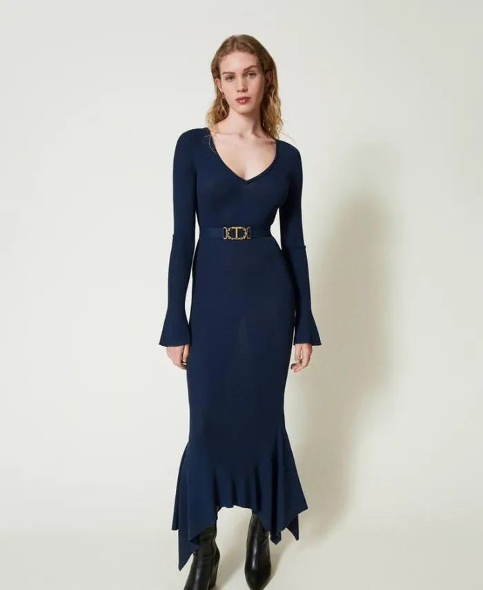 Twinset Elegant Dresses Knit Midi Dress With Belt And Ruffles Indigo 8211 Clothing