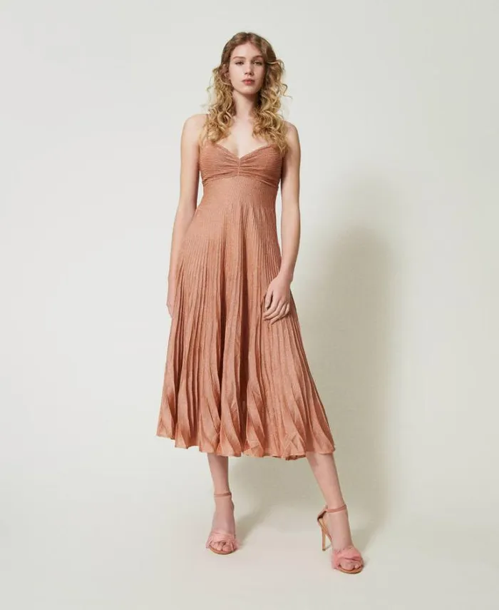 Twinset Elegant Dresses Long Pleated Lurex Knit Dress Coral Bead Lurex 8211 Clothing