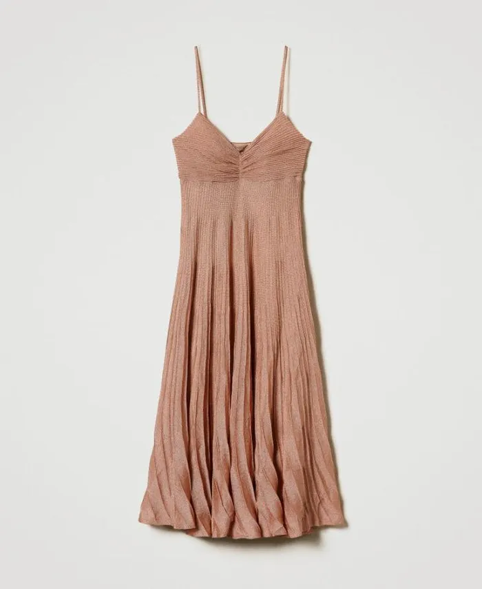 Twinset Elegant Dresses Long Pleated Lurex Knit Dress Coral Bead Lurex 8211 Clothing