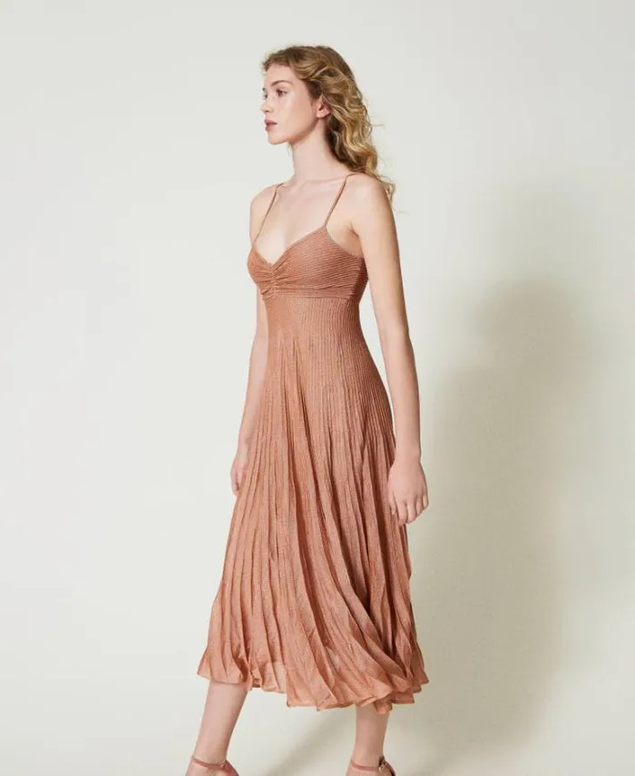 Twinset Elegant Dresses Long Pleated Lurex Knit Dress Coral Bead Lurex 8211 Clothing