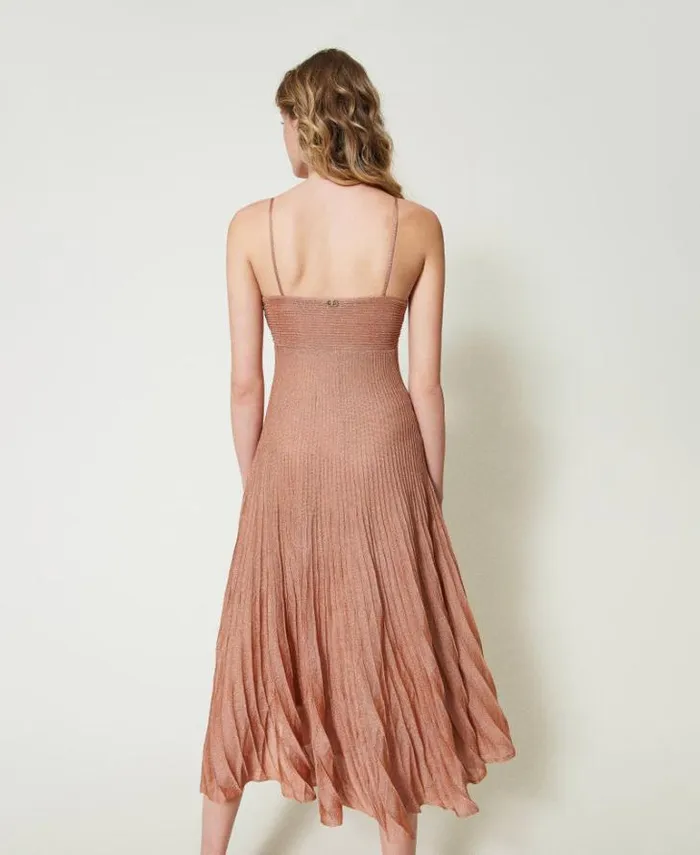 Twinset Elegant Dresses Long Pleated Lurex Knit Dress Coral Bead Lurex 8211 Clothing