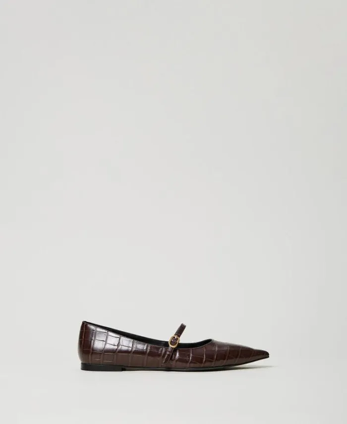 Twinset Flat Shoes Croc Print Ballet Flats Coffee Chocolate 8211 Shoes