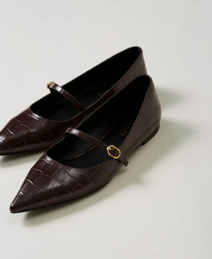 Twinset Flat Shoes Croc Print Ballet Flats Coffee Chocolate 8211 Shoes