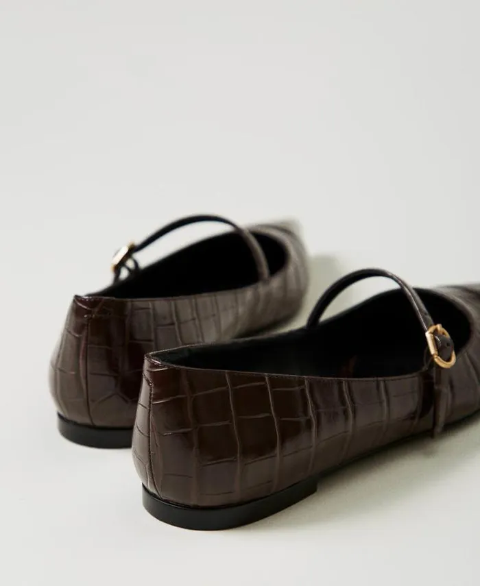 Twinset Flat Shoes Croc Print Ballet Flats Coffee Chocolate 8211 Shoes