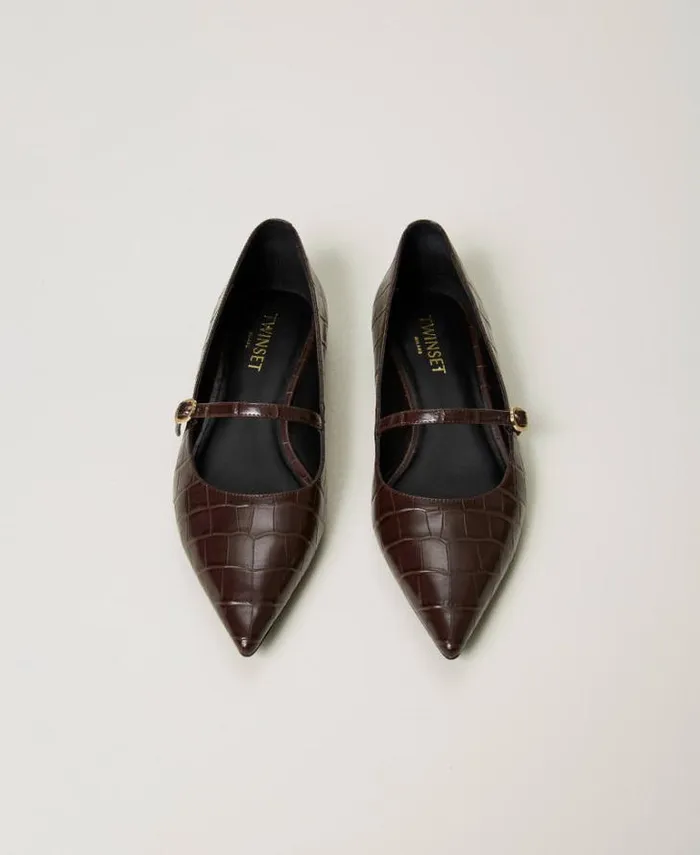 Twinset Flat Shoes Croc Print Ballet Flats Coffee Chocolate 8211 Shoes