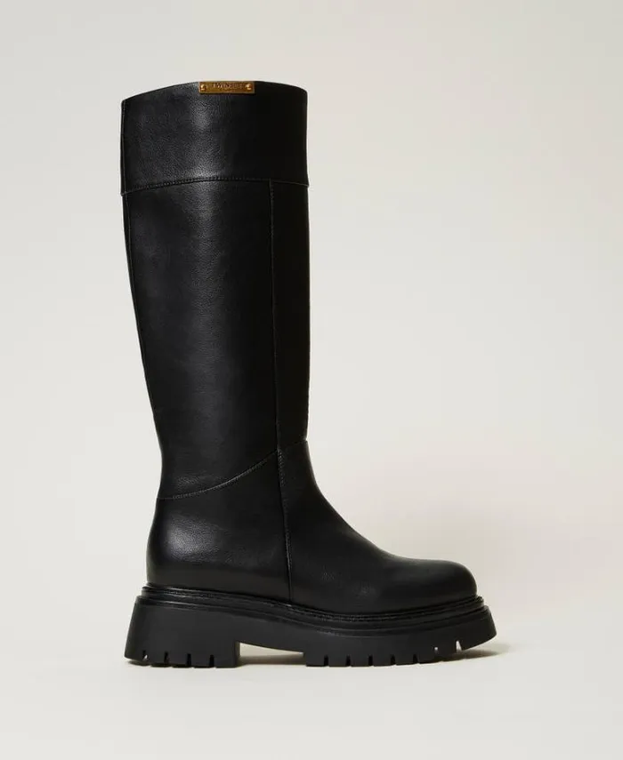 Twinset Flat Shoes High Boots With Logo Plate Black 8211 Shoes