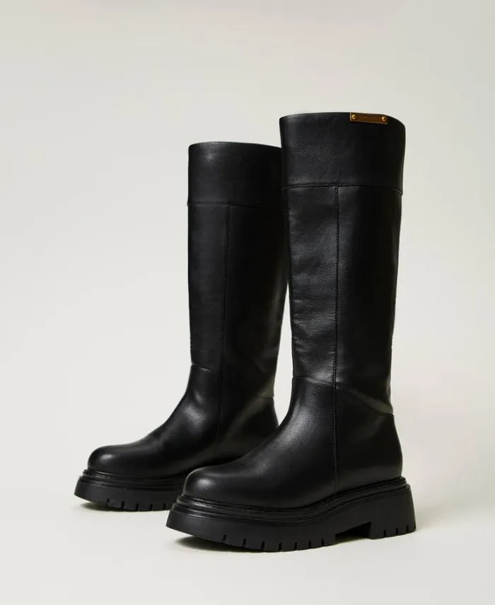 Twinset Flat Shoes High Boots With Logo Plate Black 8211 Shoes
