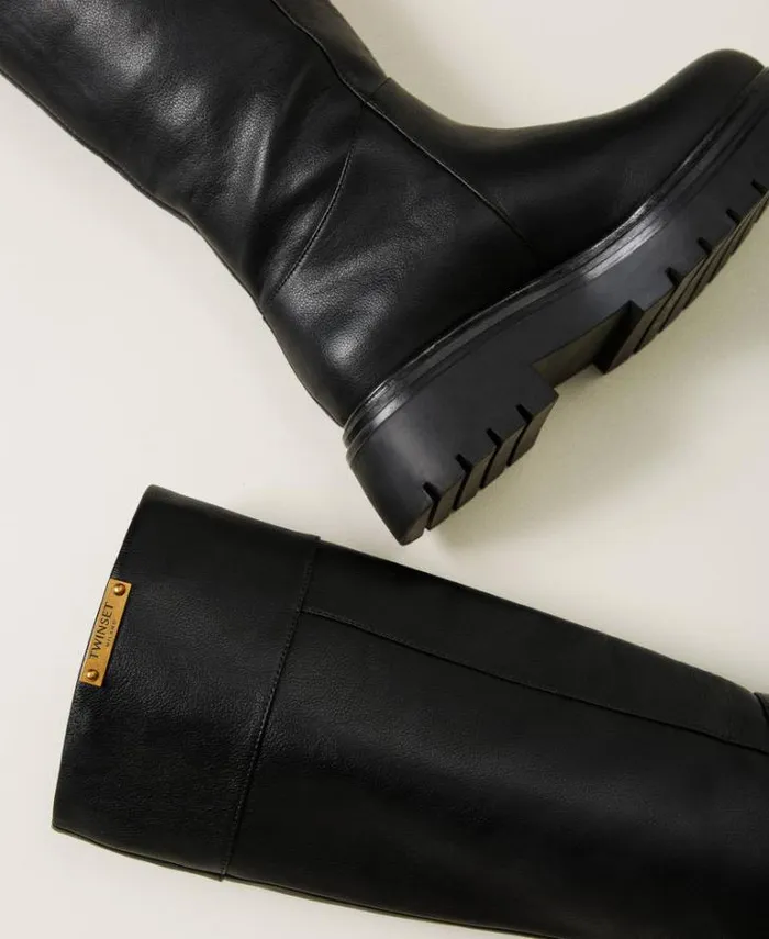 Twinset Flat Shoes High Boots With Logo Plate Black 8211 Shoes