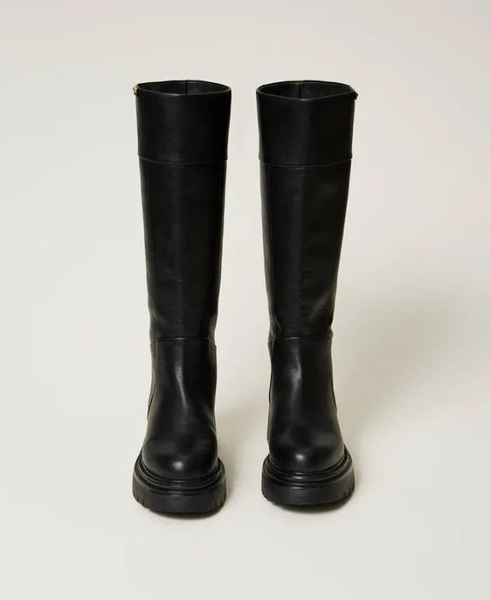 Twinset Flat Shoes High Boots With Logo Plate Black 8211 Shoes
