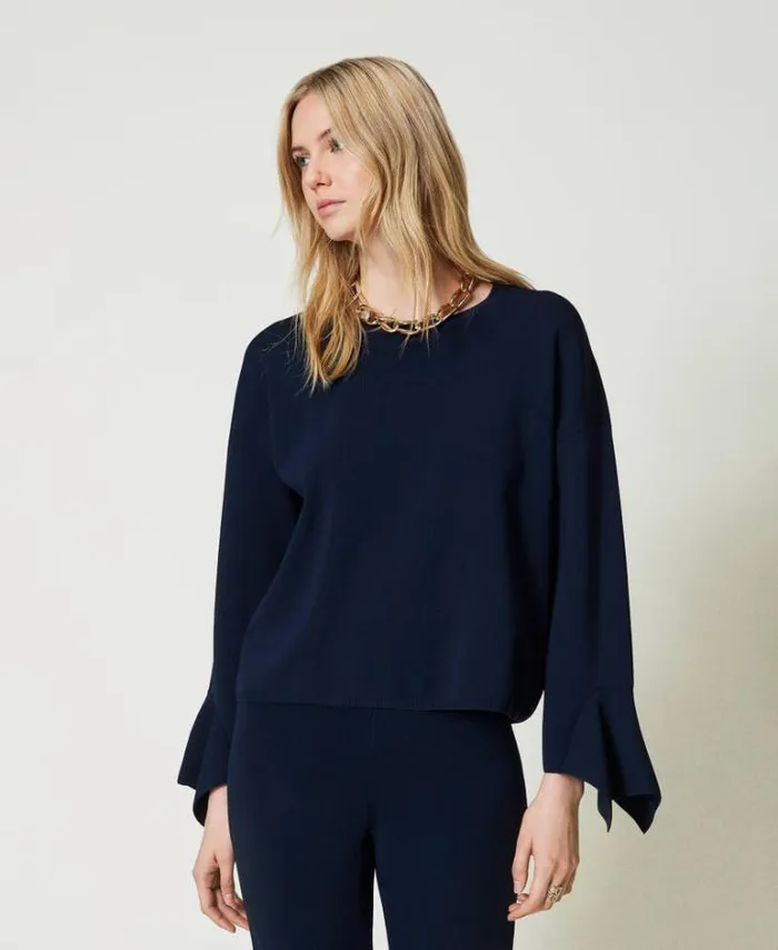Twinset Jumpers And Cardigans Crew Neck Jumper With Ruffles Indigo 8211 Clothing