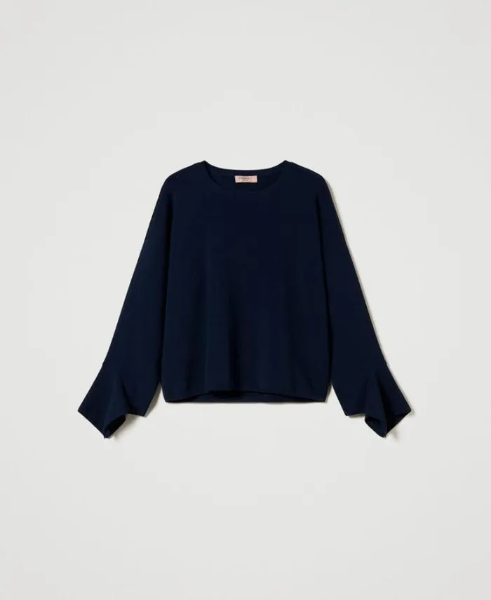 Twinset Jumpers And Cardigans Crew Neck Jumper With Ruffles Indigo 8211 Clothing