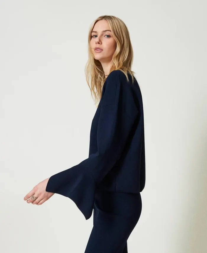 Twinset Jumpers And Cardigans Crew Neck Jumper With Ruffles Indigo 8211 Clothing