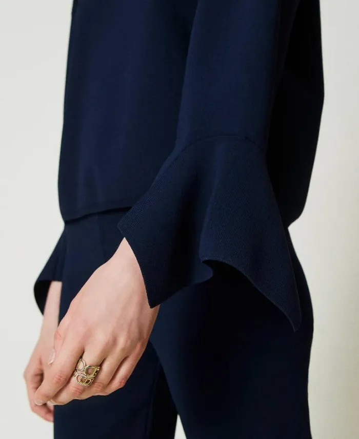 Twinset Jumpers And Cardigans Crew Neck Jumper With Ruffles Indigo 8211 Clothing
