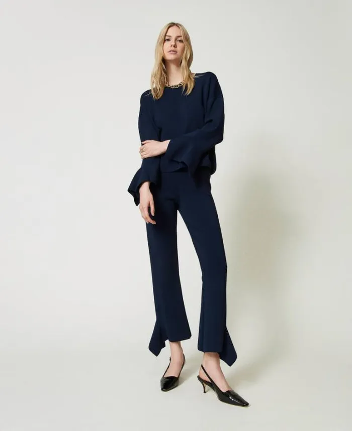 Twinset Jumpers And Cardigans Crew Neck Jumper With Ruffles Indigo 8211 Clothing