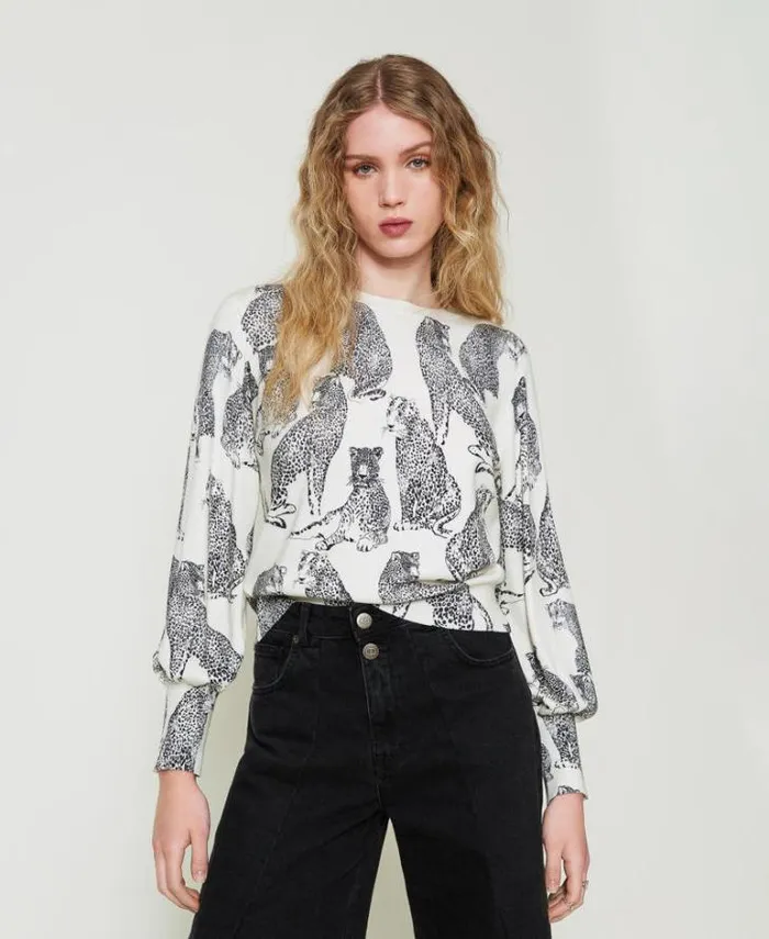 Twinset Jumpers And Cardigans Jumper With Jaguar Print Black Snow White Jaguar Print 8211 Clothing
