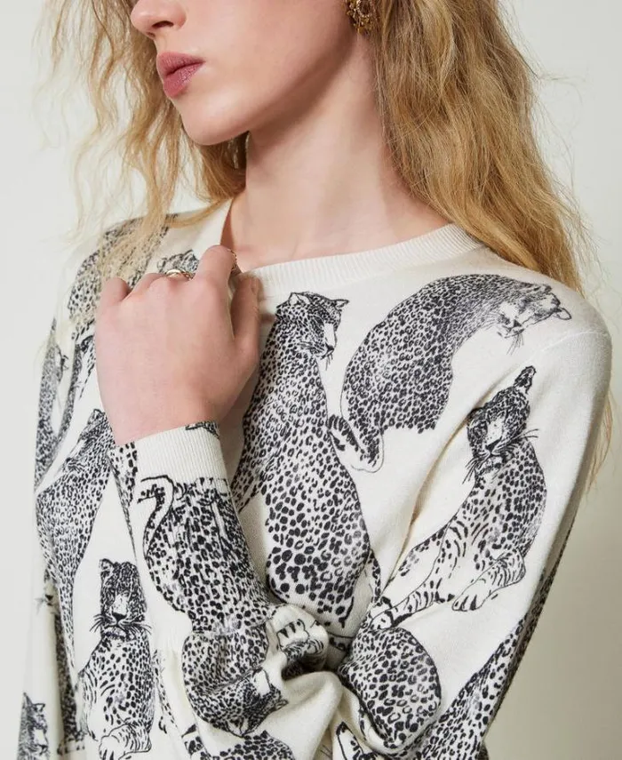 Twinset Jumpers And Cardigans Jumper With Jaguar Print Black Snow White Jaguar Print 8211 Clothing