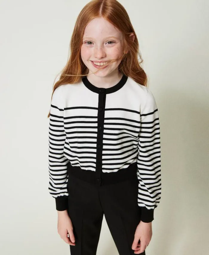 Twinset Jumpers And Cardigans Striped Cardigan With Jacquard Logo Bicolour Off White Black 8211 Girl Twinset Jumpers And Cardigans Striped Cardigan With Jacquard Logo Bicolour Off White Black 8211 Girl