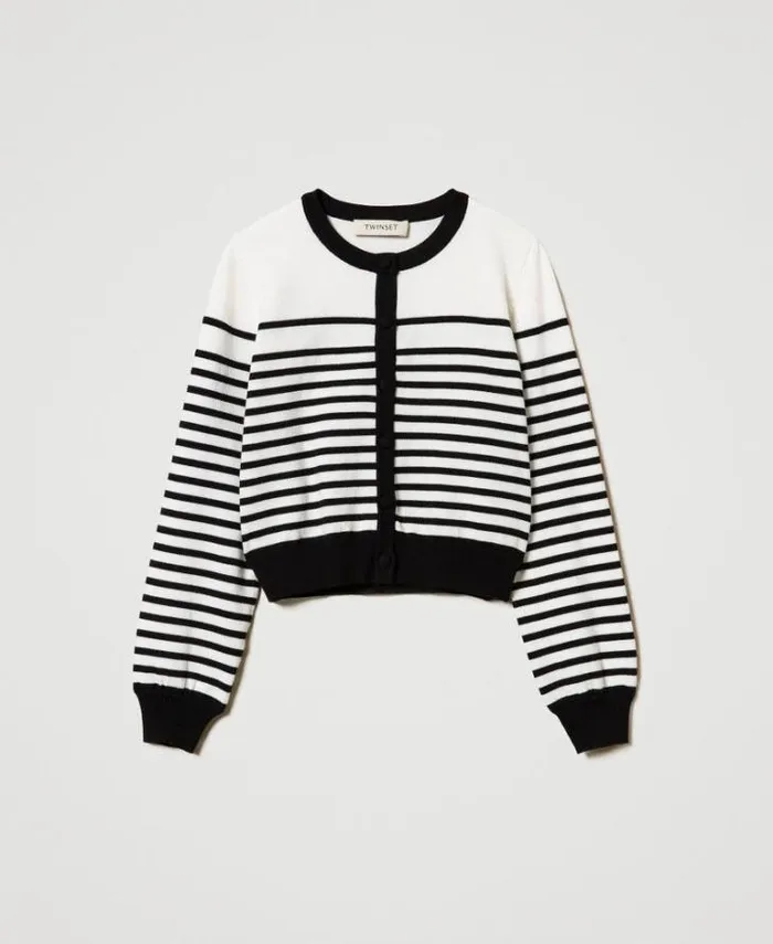 Twinset Jumpers And Cardigans Striped Cardigan With Jacquard Logo Bicolour Off White Black 8211 Girl