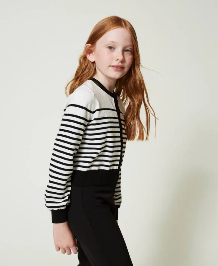 Twinset Jumpers And Cardigans Striped Cardigan With Jacquard Logo Bicolour Off White Black 8211 Girl