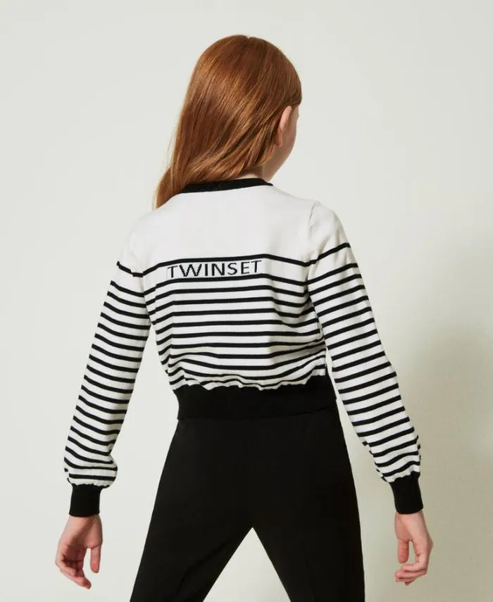 Twinset Jumpers And Cardigans Striped Cardigan With Jacquard Logo Bicolour Off White Black 8211 Girl