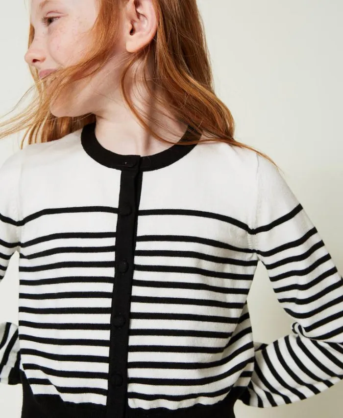 Twinset Jumpers And Cardigans Striped Cardigan With Jacquard Logo Bicolour Off White Black 8211 Girl