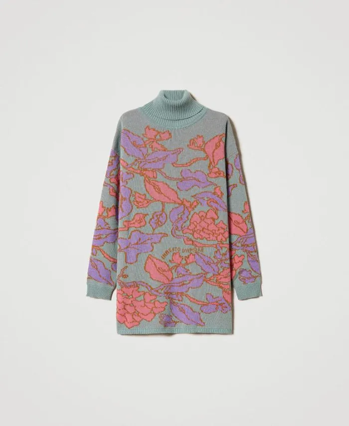 Twinset Jumpers And Cardigans Treeblend Yarn Jacquard Maxi Jumper Lotus Jacquard Hearts and Leaves 8211 Clothing