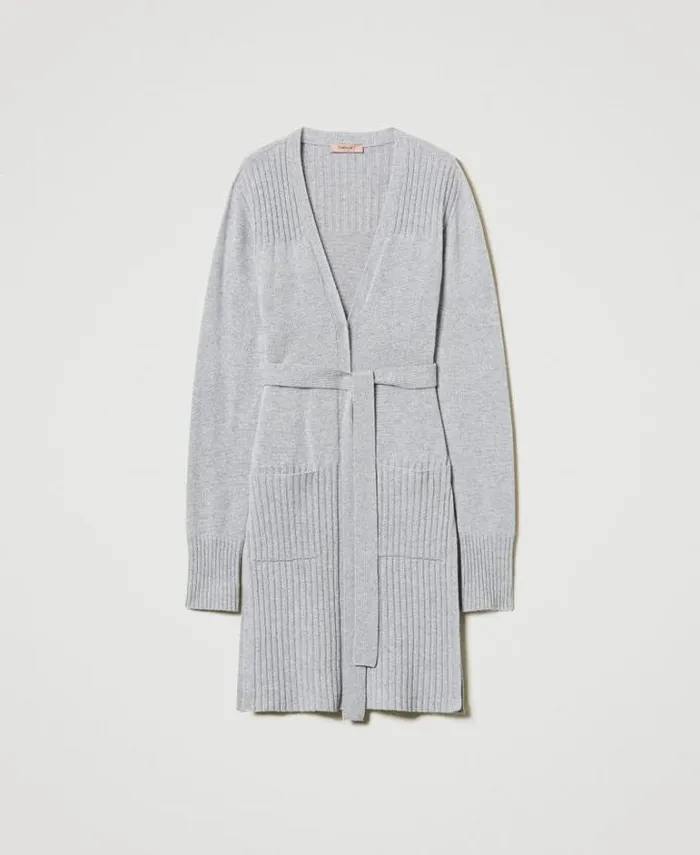 Twinset Jumpers And Cardigans Wool And Lurex Blend Maxi Cardigan Twotone Grey Silver 8211 Clothing