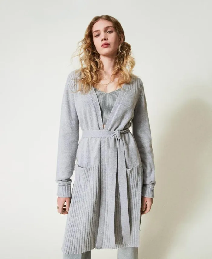 Twinset Jumpers And Cardigans Wool And Lurex Blend Maxi Cardigan Twotone Grey Silver 8211 Clothing
