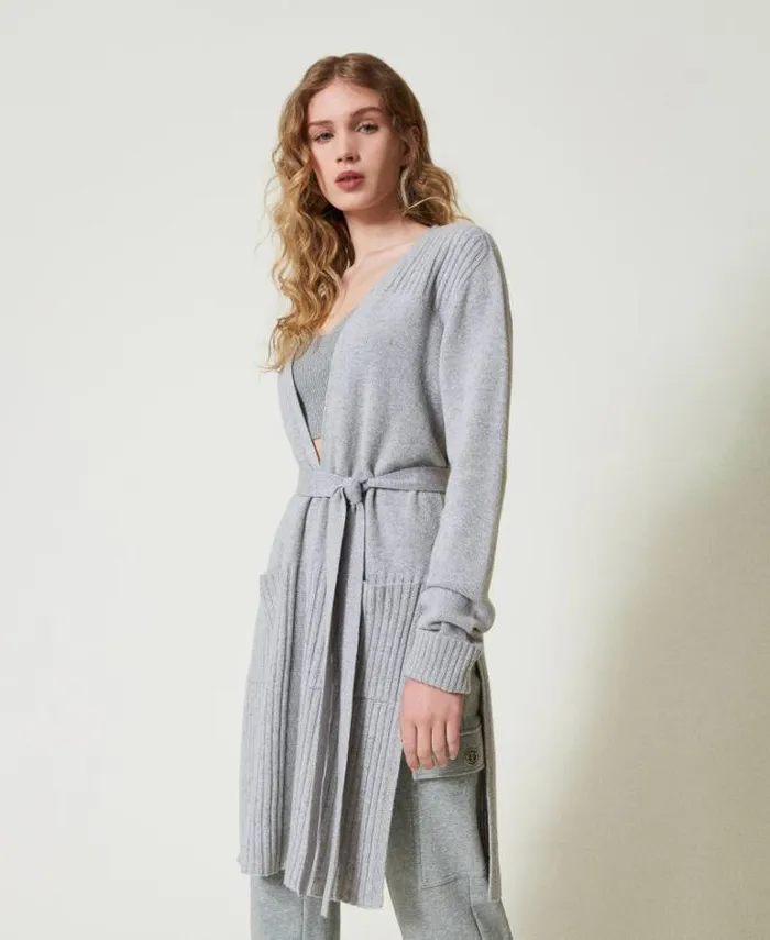 Twinset Jumpers And Cardigans Wool And Lurex Blend Maxi Cardigan Twotone Grey Silver 8211 Clothing