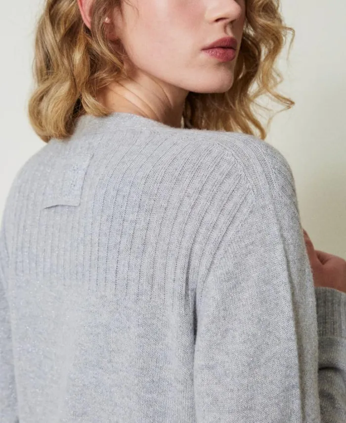 Twinset Jumpers And Cardigans Wool And Lurex Blend Maxi Cardigan Twotone Grey Silver 8211 Clothing
