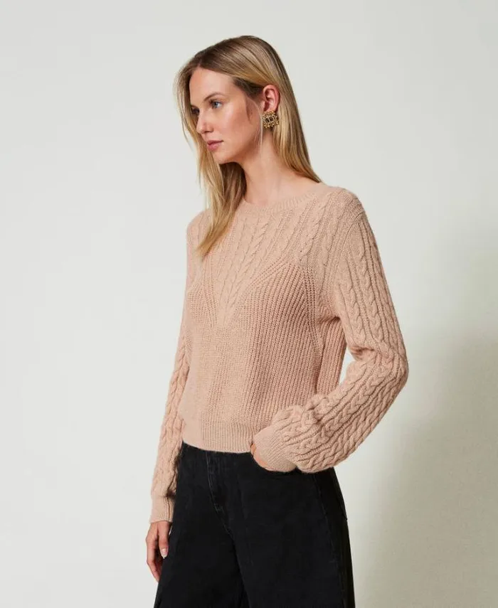Twinset Jumpers And Cardigans Wool Blend Cable Knit Jumper Light Sandy Brown 8211 Clothing