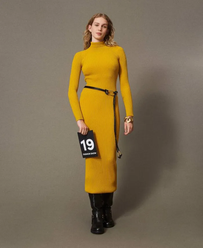 Twinset Long Dresses Long Knit Dress With Cutout Ochre Yellow 8211 Clothing