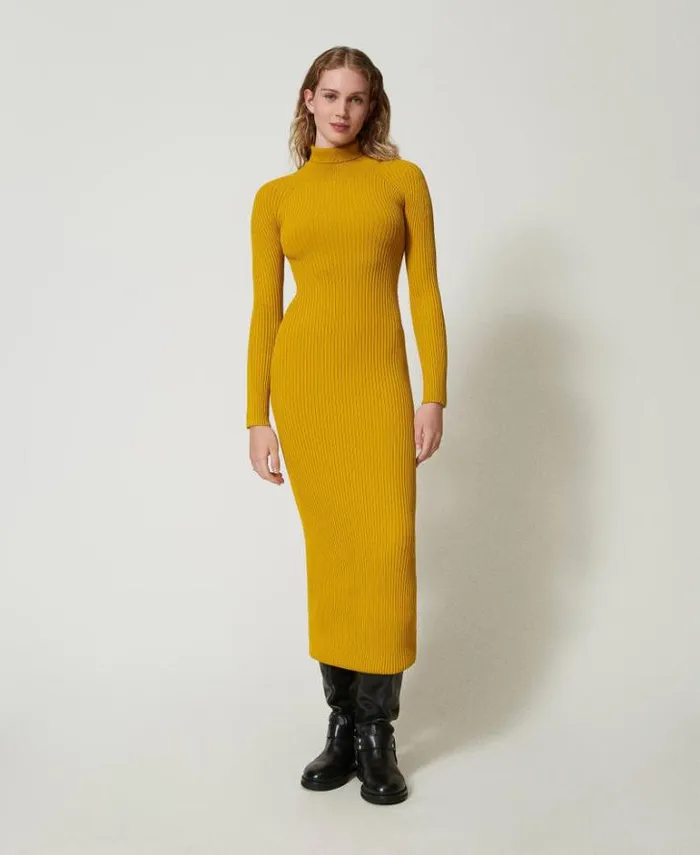 Twinset Long Dresses Long Knit Dress With Cutout Ochre Yellow 8211 Clothing