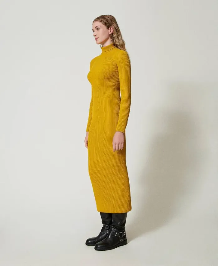 Twinset Long Dresses Long Knit Dress With Cutout Ochre Yellow 8211 Clothing