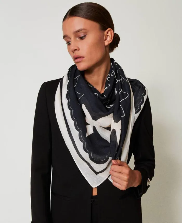 Twinset Scarves Kefiah With Bow And Logo Print Black White Cream Bow Print 8211 Accessories