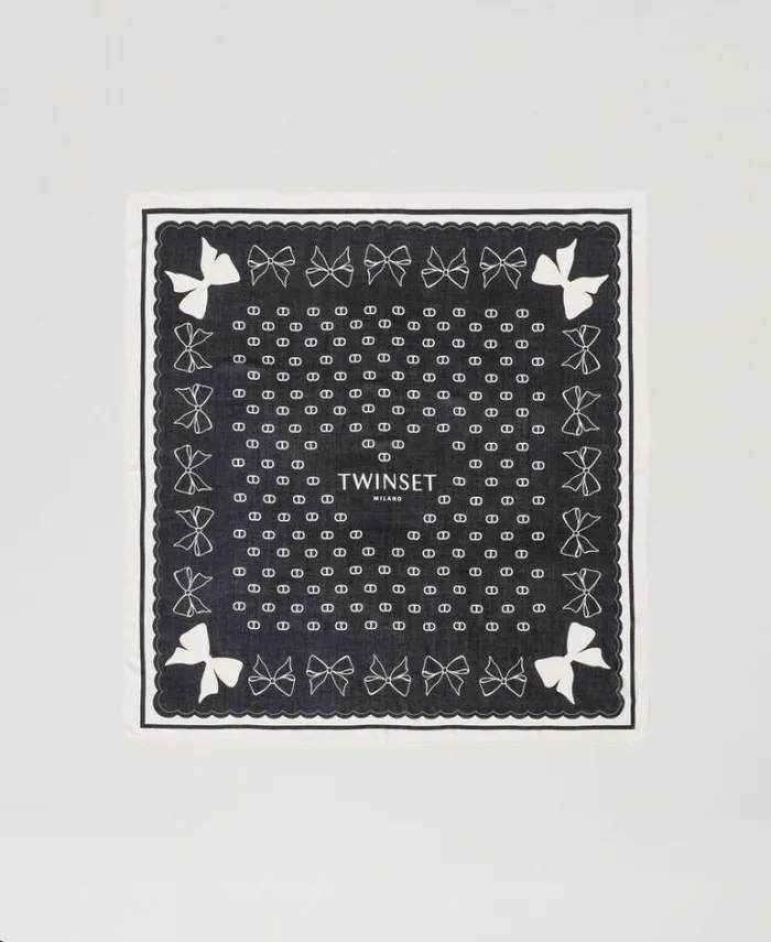 Twinset Scarves Kefiah With Bow And Logo Print Black White Cream Bow Print 8211 Accessories
