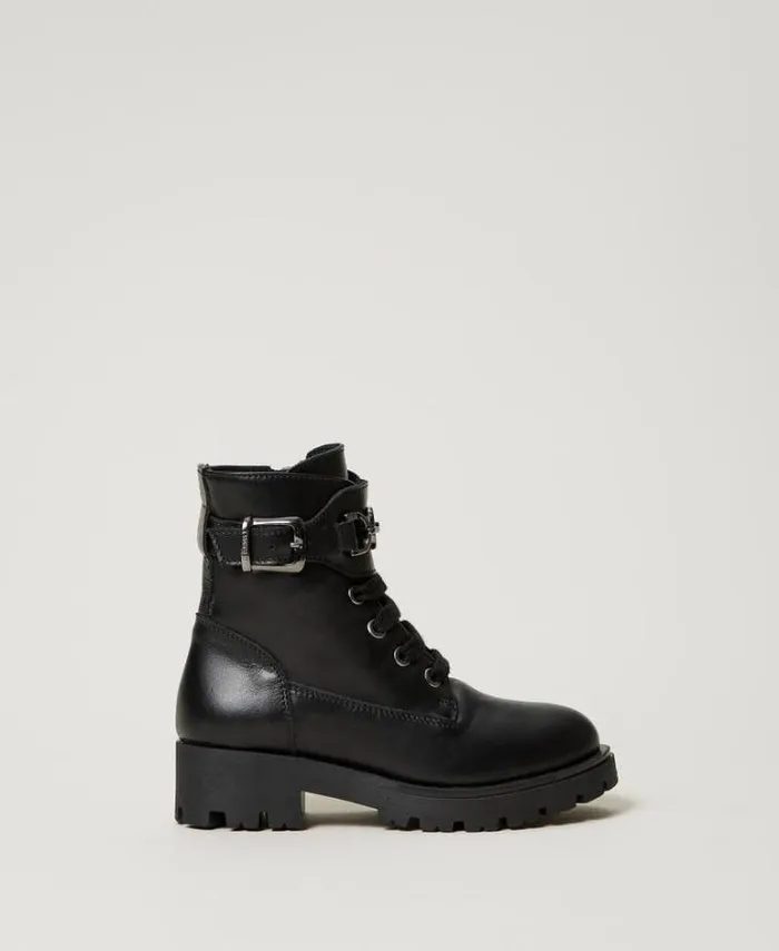 Twinset Shoes Leather Baby Combat Boots With Strap Black 8211 Girl