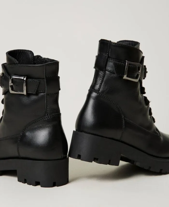 Twinset Shoes Leather Baby Combat Boots With Strap Black 8211 Girl