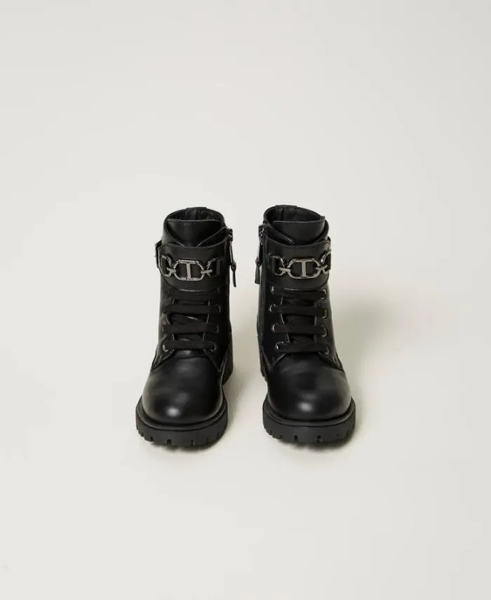 Twinset Shoes Leather Baby Combat Boots With Strap Black 8211 Girl